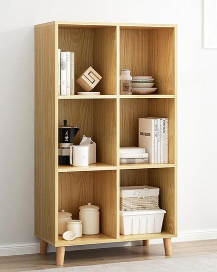 IOTXY Open Cube Low Bookcase - 3-Tier Freestanding Storage Display Cabinet Organizer with Legs for Home Office, 6-Cubes Open Shelf Short Bookshelf, Oak - LeafyLoom