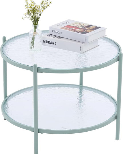 VINGLI 25.6" Small Light Bright Green Round Coffee Table Water-Wave Glass Circle Clear Center Coffee Table with 2-Tier Modern Storage Design for Living Room, Bedroom, Meeting Room, Balcony, Patio - LeafyLoom
