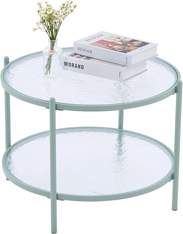 VINGLI 25.6" Small Light Bright Green Round Coffee Table Water-Wave Glass Circle Clear Center Coffee Table with 2-Tier Modern Storage Design for Living Room, Bedroom, Meeting Room, Balcony, Patio - LeafyLoom