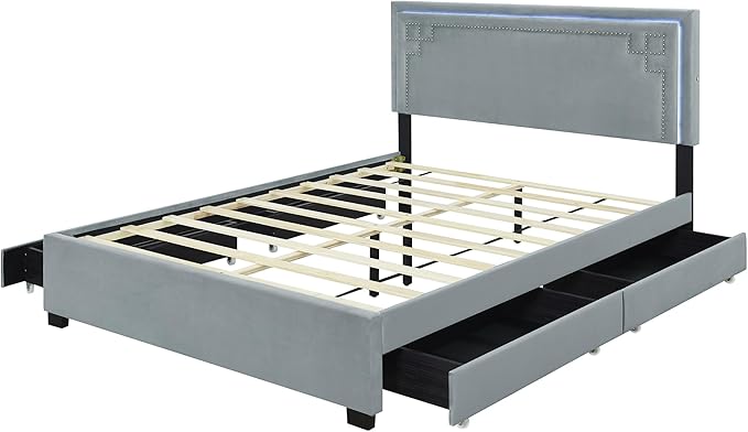 RITSU Queen Size Modern Upholstered Platform Bed with LED Bedframe and 4 Drawers Storable, Rivet-Decorated Headboard, No Box Spring Required, for Living Room, Apartment, Gray - LeafyLoom