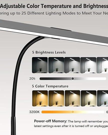 LED Desk Lamp for Home Office - 12W Desk Light Bar with Charger, 25 Lighting Modes, Eye-Caring Modern Flexible Gooseneck Clip Table Lamps for Monitor Study Office Workbench - LeafyLoom
