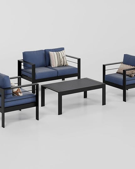 Wisteria Lane 4-Piece Aluminum Patio Furniture Set, Outdoor Furniture with Coffee Table, Metal Sofa Set for Deck, Porch, Balcony, Indoor, Black Frame & Blue Cushion - LeafyLoom