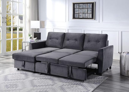 RITSU L Shape Convertible Sectional Sofa with Storage chaise and Pull out Bed, Upholstered Backrest, Velvet Reversible Corner 3 Seater couch for Living Room, Apartment, Dark Gray, 83inch - LeafyLoom