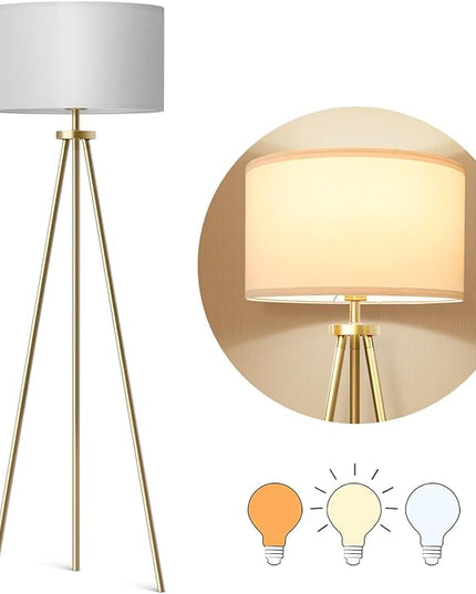 Tripod Floor Lamps for Living Room, Modern Standing Lamp with Drum Shade, Simple Industrial Tall Lamp, 9W LED Bulb Included - Brass - LeafyLoom