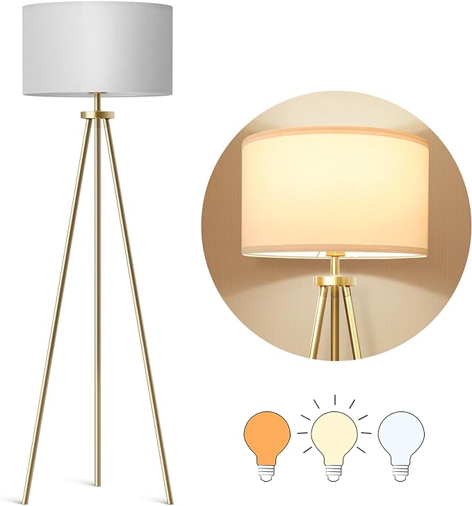 Tripod Floor Lamps for Living Room, Modern Standing Lamp with Drum Shade, Simple Industrial Tall Lamp, 9W LED Bulb Included - Brass - LeafyLoom