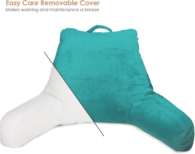 Clara Clark Reading Pillow for Kids, Small Back Pillow for Sitting Up in Bed, Memory Foam Back Support Pillow, Reading Pillows for Sitting in Bed Teal Gaming Pillow for Bed Chair with Arms and Pockets - LeafyLoom