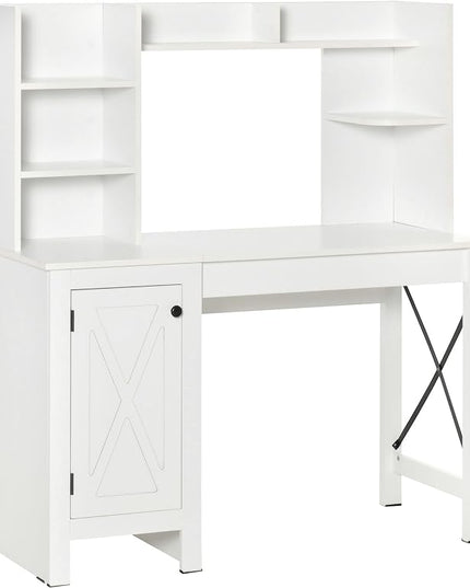 HOMCOM Farmhouse Computer Desk with Hutch and Cabinet, Home office Desk with Storage, for Study, White - LeafyLoom