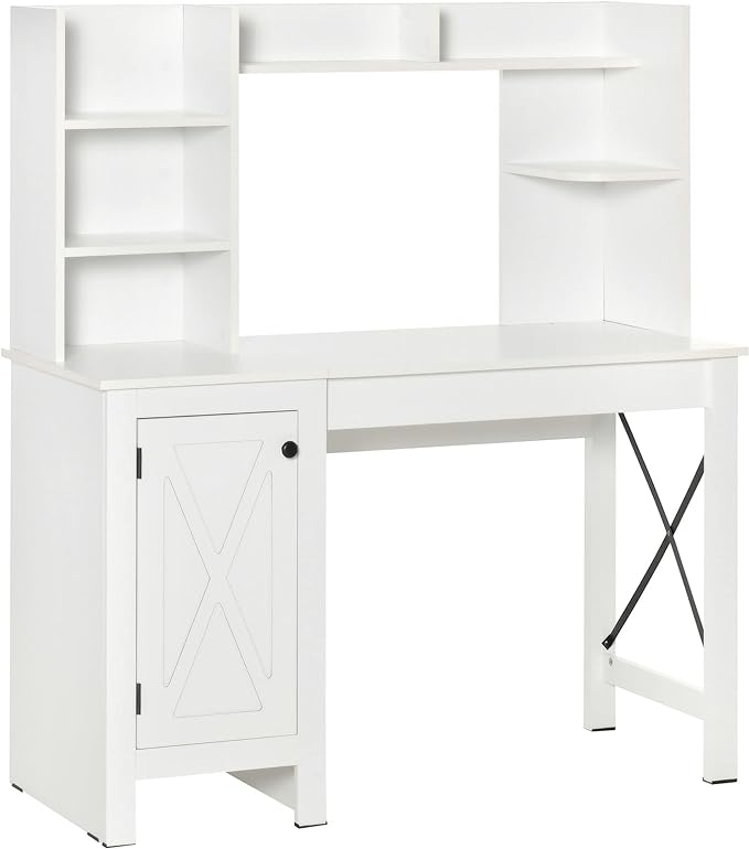 HOMCOM Farmhouse Computer Desk with Hutch and Cabinet, Home office Desk with Storage, for Study, White - LeafyLoom