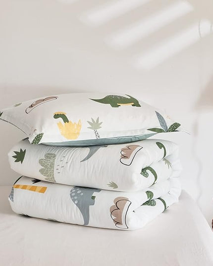 Joyreap Dinosaur Kids Cotton Comforter Set for Boys Girls, Full/Queen Size 3pcs Cotton Bedding Comforter, Fresh Green Dinosaurs on White Design, Skin-friendly Breathable for All Season- 88x88 inches - LeafyLoom