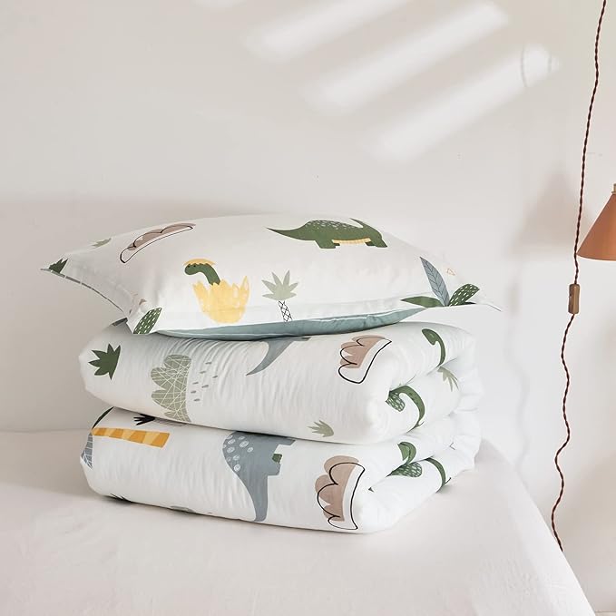 Joyreap Dinosaur Kids Cotton Comforter Set for Boys Girls, Twin Size 3pcs Cotton Bedding Comforter, Fresh Green Dinosaurs on White Design, Skin-friendly Breathable for All Season- 68x88 inches - LeafyLoom