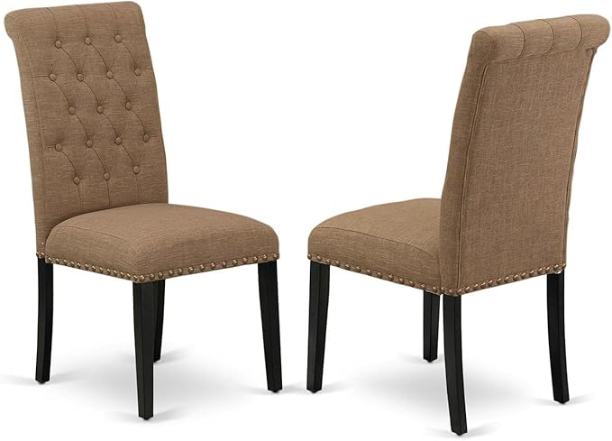 East West Furniture DLBR3-BLK-17 3 Piece Dining Room Furniture Set Contains a Round Dining Table with Dropleaf and 2 Light Sable Linen Fabric Upholstered Chairs, 42x42 Inch, Black - LeafyLoom