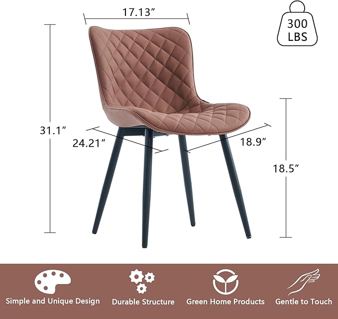 YOUTASTE Coffee Brown Dining Chairs Set of 2 Mid Century Modern PU Leather Diamond Upholstered Accent Guest Dinner Chair with Back Metal Legs for Kitchen Living Reception Waiting Room - LeafyLoom