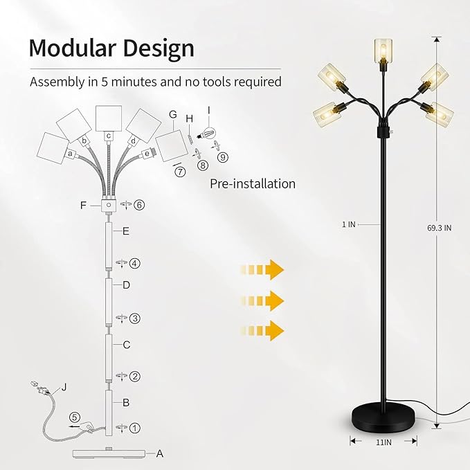 Floor Lamp, Industrial Floor Lamps for Living Room,Tree Standing Lamp,3 Way Switch,Modern Stand up Lamp for Bedroom Office Farmhouse - LeafyLoom