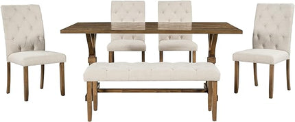 Wood Rectangular Dining Set for 6, includes 1 Table with Cross-Legged Trestle Base, 4 Upholstered High Back Chairs & 1 Bench, Farmhouse Style, Walnut, 72" L x 42" W x 30" H - LeafyLoom