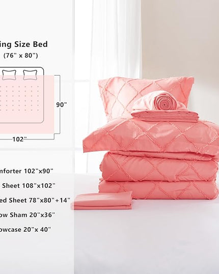 Boho Coral Pink Comforter Set with Jacquard Tufted Design,Farmhouse Bedding Sets for All Seasons,Soft 7 Pieces King Bed in a Bag with Comforter,Flat Sheet,Fitted Sheet,Pillowcases & Shams - LeafyLoom