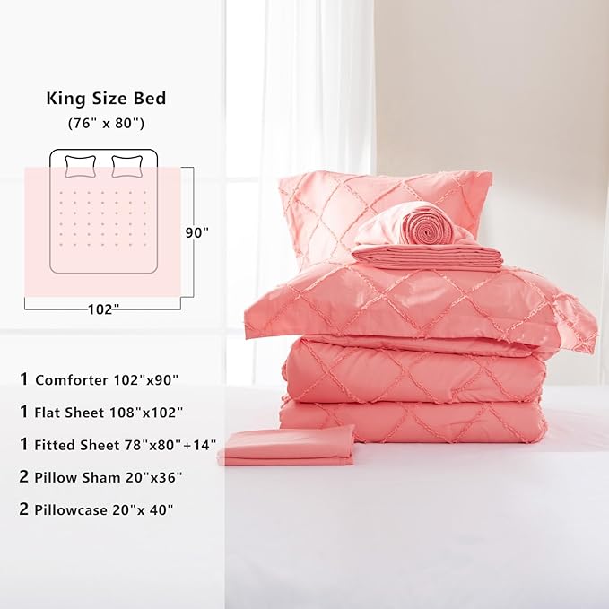 Boho Coral Pink Comforter Set with Jacquard Tufted Design,Farmhouse Bedding Sets for All Seasons,Soft 7 Pieces King Bed in a Bag with Comforter,Flat Sheet,Fitted Sheet,Pillowcases & Shams - LeafyLoom