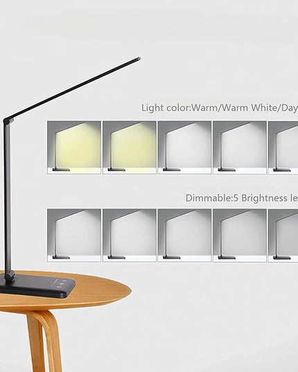 LED Desk Lamp Dimmable Table Reading Lamp with USB Charging Port, 5 Lighting Modes, Sensitive Control, 30/60 Minutes Auto-Off Timer, Eye-Caring Office Lamp (Black) - LeafyLoom