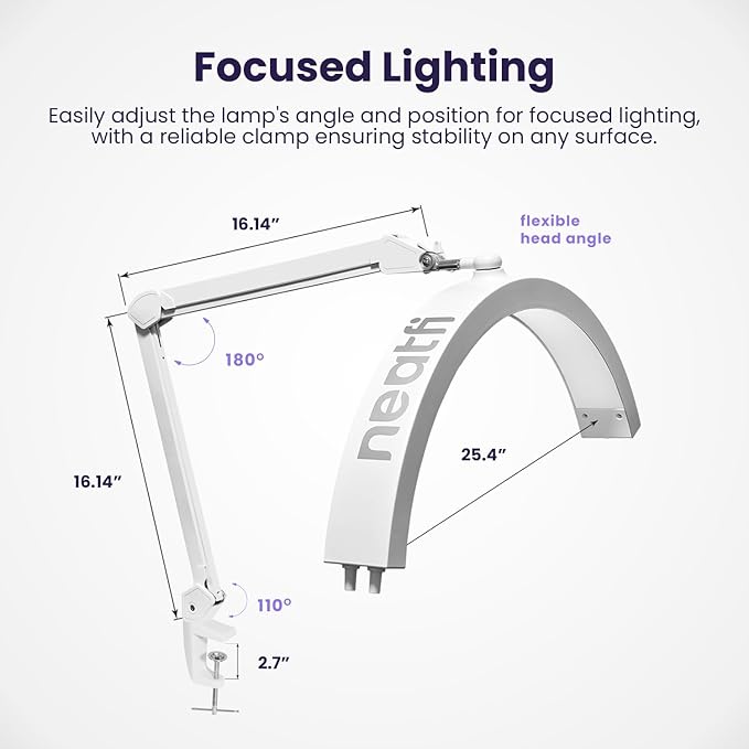 Neatfi Half Moon LED Table Lamp for Estheticians, Nail Tech, and Cosmetician for Nail Art, Facial, Waxing, Threading and Tattoo (with Clamp, White) - LeafyLoom