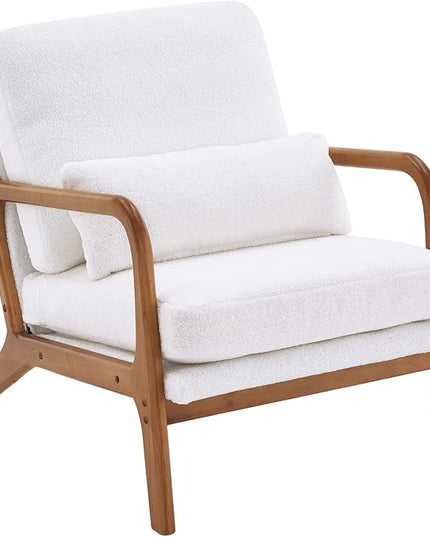 Bonnlo Teddy Fleece White Mid Century Modern Accent Chair, Soild Wood Padding Lounge Armchairs Side Sitting Chairs for Living Room, Bedroom, Guest Room - LeafyLoom