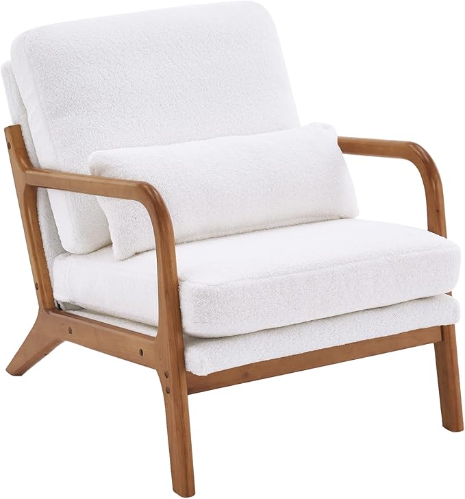 Bonnlo Teddy Fleece White Mid Century Modern Accent Chair, Soild Wood Padding Lounge Armchairs Side Sitting Chairs for Living Room, Bedroom, Guest Room - LeafyLoom