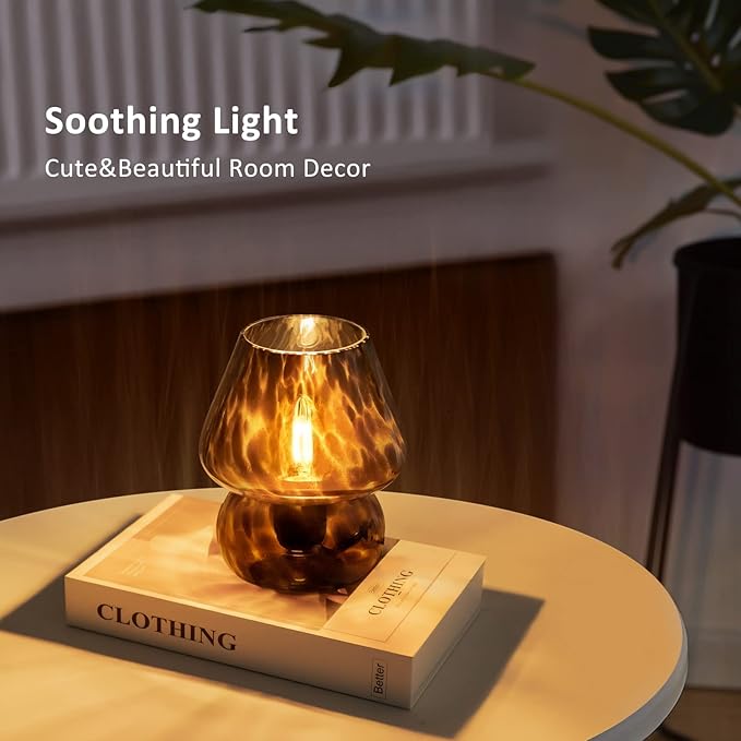 Mushroom Lamp Small Vintage Table Lamp for Bedroom Set of 2, Nightstand Bedside Lamp Translucent Glass Dimmable, Murano Aesthetic Home Decor for Living Room Kitchen Dorm Gift(Black) - LeafyLoom