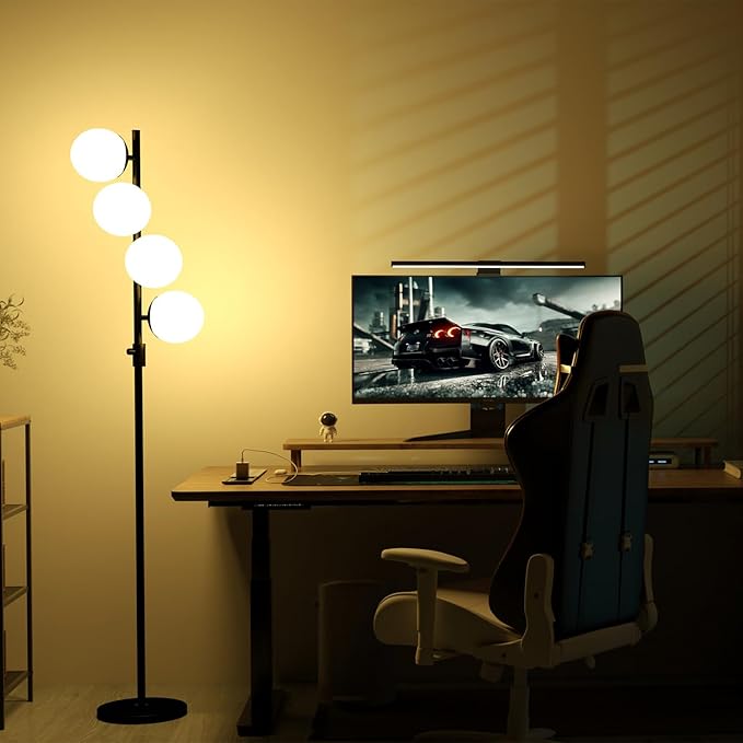 Lightdot 64IN Mid Century Globe Floor Lamp, Dimmable (Brightness Adjustable) Black Floor Lamp with 3000K G9 Bulbs Included, Modern Standing Lamps for Living Room Bedroom Office - LeafyLoom
