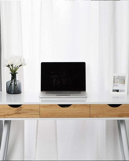 soges Mid Century Desk with Drawers, 3-Drawer Writing Study Desk, 43.3 inches Home Office Computer Desk for Small Space, Multifunctional Vanity Table Desk, White - LeafyLoom