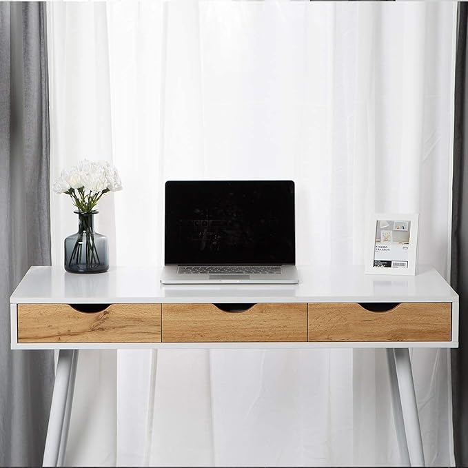 soges Mid Century Desk with Drawers, 3-Drawer Writing Study Desk, 43.3 inches Home Office Computer Desk for Small Space, Multifunctional Vanity Table Desk, White - LeafyLoom