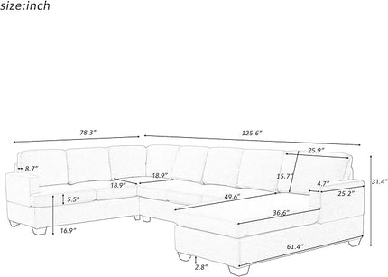 125.6" Large U-Shaped Sectional Sofa with Extra Wide Chaise Loung, Modern Oversized Modular Deep Seat Upholstered Couch for Home, Apartment, Living Room Furniture Set, Grey, 125.6 Inch - LeafyLoom