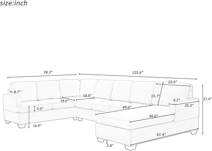 125.6" Large U-Shaped Sectional Sofa with Extra Wide Chaise Loung, Modern Oversized Modular Deep Seat Upholstered Couch for Home, Apartment, Living Room Furniture Set, Grey, 125.6 Inch - LeafyLoom