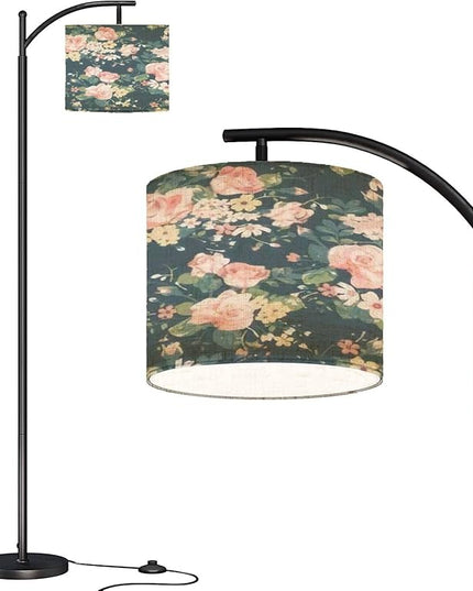 Modern Arc Floor Lamp with Dimmer Mid Century Seamless Vintage Rose Navy Metal Standing Lamp with Linen Shade Footswitch for Living Room Bedroom Office - LeafyLoom