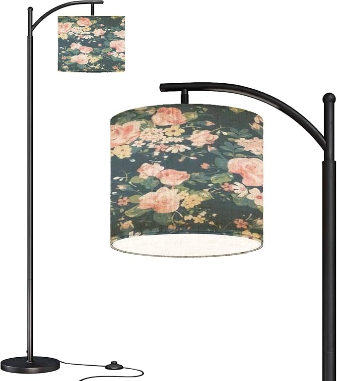 Modern Arc Floor Lamp with Dimmer Mid Century Seamless Vintage Rose Navy Metal Standing Lamp with Linen Shade Footswitch for Living Room Bedroom Office - LeafyLoom