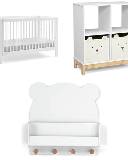 Delta Children babyGap Charlie 6-in-1 Convertible Crib + Brannan Bear Bookcase with Bins + Brannan Bear Wall Shelf with 4 Hooks, Bianca White (Bundle) - LeafyLoom