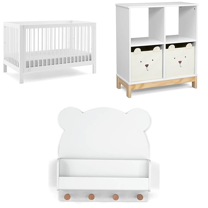 Delta Children babyGap Charlie 6-in-1 Convertible Crib + Brannan Bear Bookcase with Bins + Brannan Bear Wall Shelf with 4 Hooks, Bianca White (Bundle) - LeafyLoom