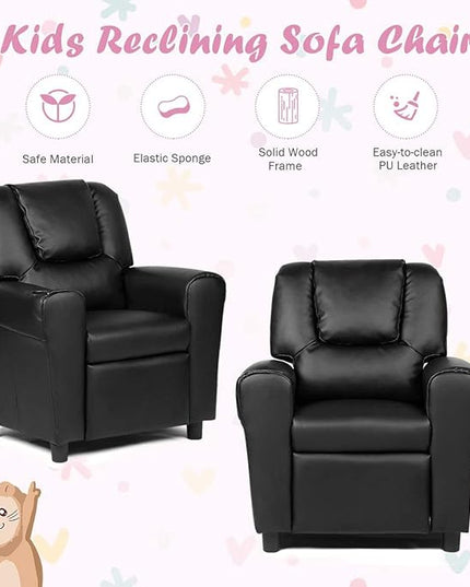 ARLIME Kids Recliner chair, toddler Armchair Upholstered Couch with Cup Holder, Backrest, baby Leather sofa with Headrest and Footrest, Child Furniture for Ages 2-7 (Black) - LeafyLoom