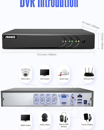 ANNKE 3K Lite H.265+ Security DVR Recorder with AI Human/Vehicle Detection, 8CH Hybrid 5-in-1 CCTV DVR for Surveillance Camera, Supports 8CH Analog and 2CH IP Cameras, Remote Access (No Hard Drive) ANNKE