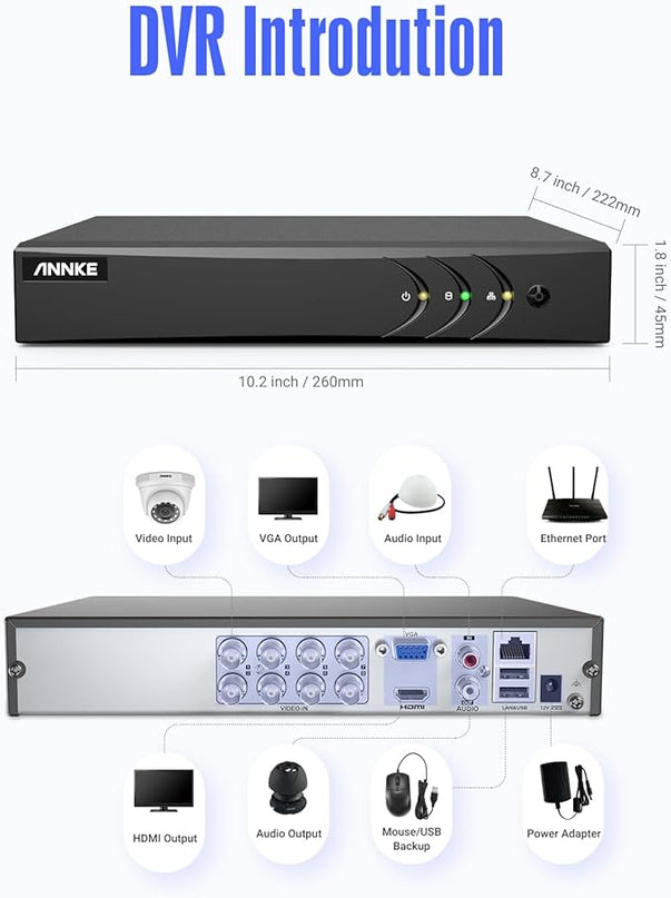ANNKE 3K Lite H.265+ Security DVR Recorder with AI Human/Vehicle Detection, 8CH Hybrid 5-in-1 CCTV DVR for Surveillance Camera, Supports 8CH Analog and 2CH IP Cameras, Remote Access (No Hard Drive) ANNKE