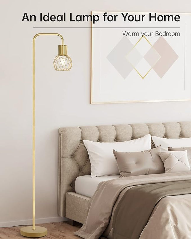 Brass Gold Floor Lamp for Living Room, Modern Industrial Standing Lamp with 6W LED Bulb, Foot Switch, Metal Tall Stand Up Lamp, Minimalist Farmhouse Boho Pole Lamp for Bedroom, Office, Vintage, Rustic - LeafyLoom