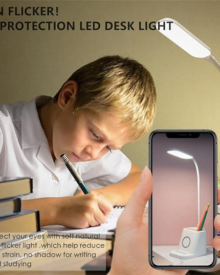 Small Desk Lamp with Wireless Charger, Desk Lights for Home Office - LED, White,Brightness Adjustment, 3 Color Modes,500LM, Study Lamp with Pen Holder， Desktop Study Desk Lamp for College Dorm Room - LeafyLoom