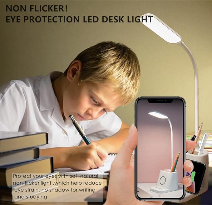 Small Desk Lamp with Wireless Charger, Desk Lights for Home Office - LED, White,Brightness Adjustment, 3 Color Modes,500LM, Study Lamp with Pen Holder， Desktop Study Desk Lamp for College Dorm Room - LeafyLoom