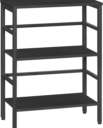 HOOBRO 3 Tier Bookshelf, Industrial Bookcase, Record Storage Rack with Side Fence, Wood Storage Shelf with Metal Frame, Rustic Open Display Shelf for Living Room, Bedroom, Black BB86CJ01 - LeafyLoom