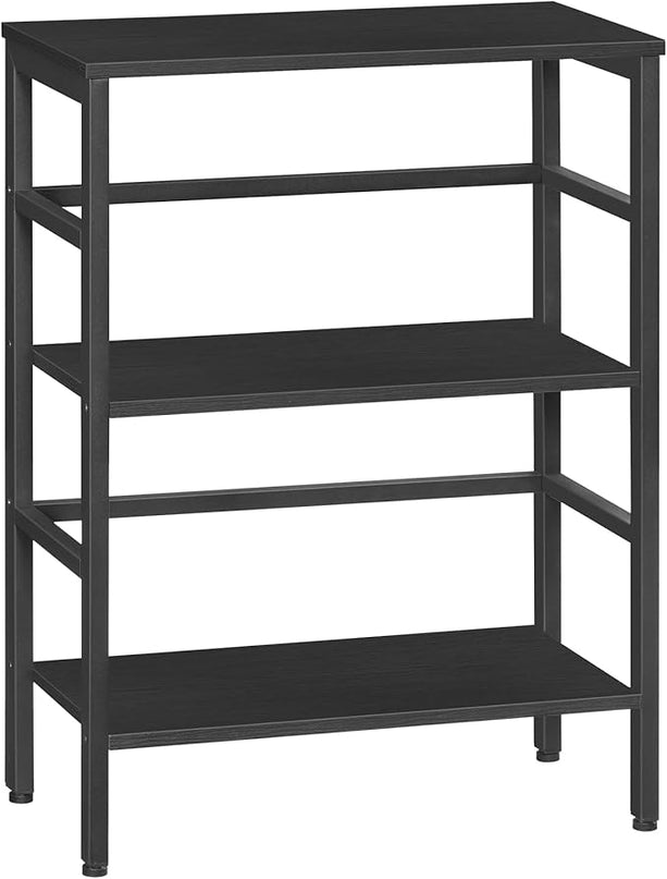 HOOBRO 3 Tier Bookshelf, Industrial Bookcase, Record Storage Rack with Side Fence, Wood Storage Shelf with Metal Frame, Rustic Open Display Shelf for Living Room, Bedroom, Black BB86CJ01 - LeafyLoom
