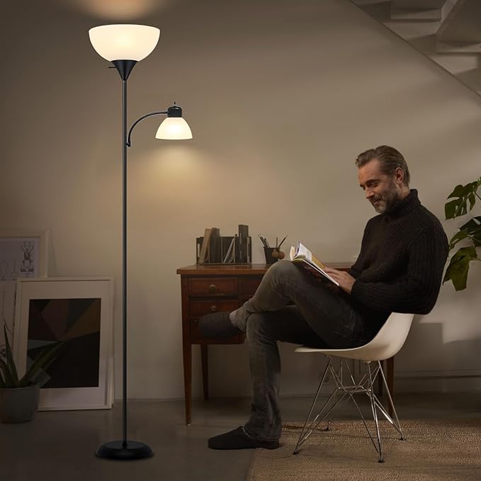 Floor Lamp for Living Room 9W LED Torchiere Floor Lamp with 9W Adjustable Reading Lamp Black 72" Tall Floor Lamps for Bedroom Office Two Independent Rotary switches Including 2 Light Bulbs. - LeafyLoom