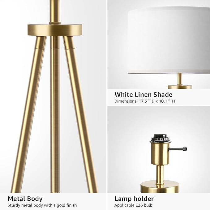 Tripod Floor Lamps for Living Room, Modern Standing Lamp with Drum Shade, Simple Industrial Tall Lamp, 9W LED Bulb Included - Brass - LeafyLoom