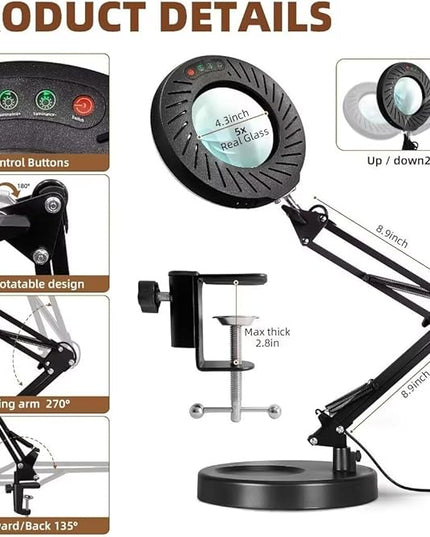 Magnifying Glass with Light and Stand - Lighted Magnifying Glass Magnifying Lamp 5 Color Modes Stepless Dimmable 2-in-1 Hands Free Magnifier with Light Magnifying Glass for Close Work Reading Repair - LeafyLoom
