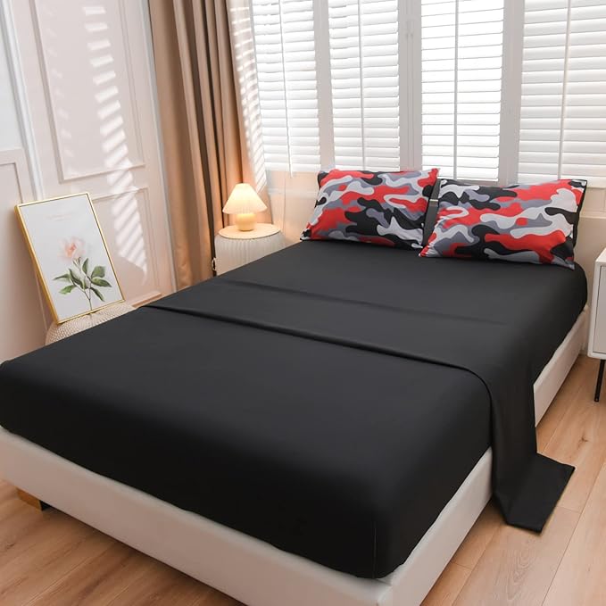 Meeting Story Camouflage Bedding Set, Colorful Pattern Style Comforter Set, 5 PCS One Comforter Two Pillowcases Two Sheets in One Bag, All Season Bedspread for Teens Adults (Red-Black, Full 5Pcs) - LeafyLoom