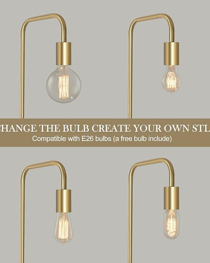 QiMH Industrial Floor Lamp with Light Bulb, Metal Standing Tall Modern Brushed Gold Led Living Room Lamp for Home Decor,Bedroom,Reading,Office(E26 Socket,Foot Switch) - LeafyLoom