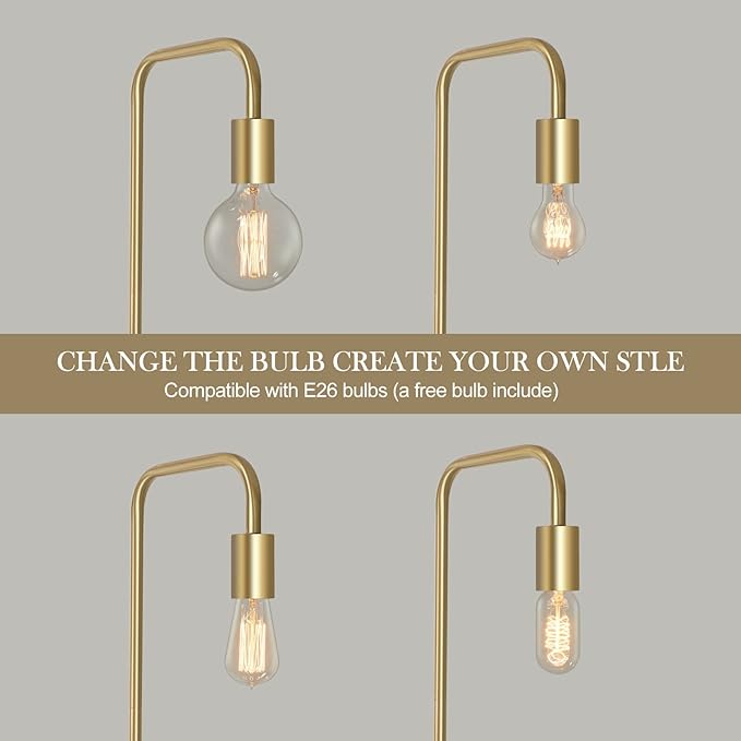 QiMH Industrial Floor Lamp with Light Bulb, Metal Standing Tall Modern Brushed Gold Led Living Room Lamp for Home Decor,Bedroom,Reading,Office(E26 Socket,Foot Switch) - LeafyLoom