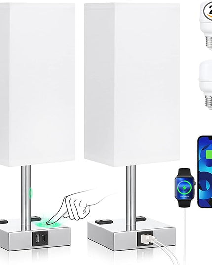 aooshine Set of 2 Touch Nightstand Lamp with USB-C+A Charge Ports& AC Outlets, 3-Way Dimmable Bedside Lamp with White Fabric Shade,Small Table Lamp for Bedroom Guest Room(Bulb Included) - LeafyLoom