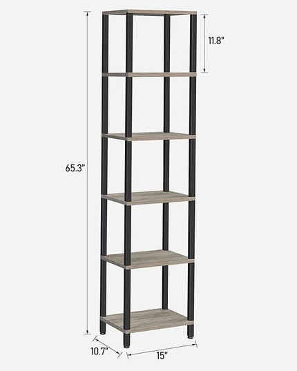 TUTOTAK Bookshelf, 6-Tier Tall Book Shelf, Narrow Bookcase for Small Space, DIY Stackable Bookshelf, for Living Room, Office, Study, Entryway, Industrial, Greige and Black BS01BG006 - LeafyLoom